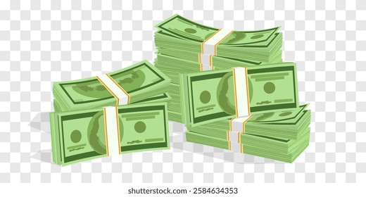 Vector 3d dollars, paper bills isolated on png. Bank cash vector set. Green dollar bill packs, stacks. Vector economy and banking, earnings and wage. Deposit and investment. Transparent background