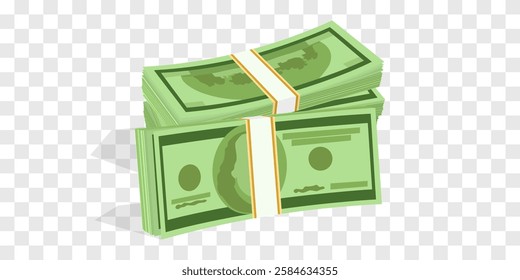 Vector 3d dollars, paper bills isolated on png. Bank cash vector set. Green dollar bill packs, stacks. Vector economy and banking, earnings and wage. Deposit and investment. Transparent background