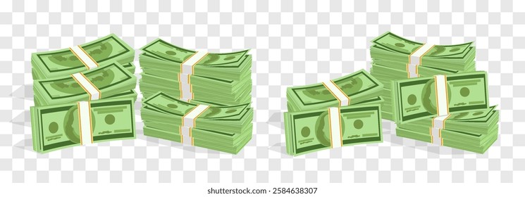 Vector 3d dollars, paper bills isolated on png. Bank cash vector set. Green dollar bill packs, stacks. Vector economy and banking, earnings and wage. Deposit and investment. Transparent background