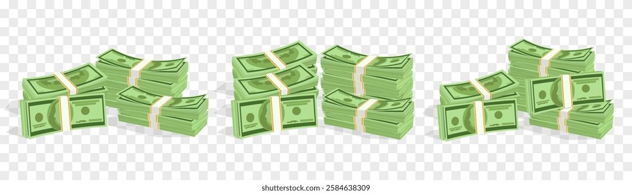 Vector 3d dollars, paper bills isolated on png. Bank cash vector set. Green dollar bill packs, stacks. Vector economy and banking, earnings and wage. Deposit and investment. Transparent background