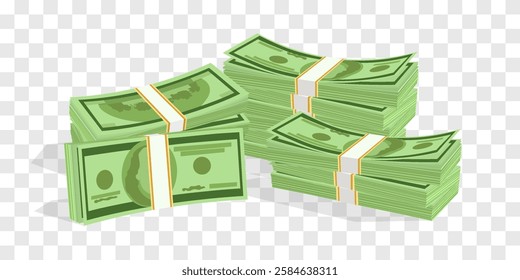 Vector 3d dollars, paper bills isolated on png. Bank cash vector set. Green dollar bill packs, stacks. Vector economy and banking, earnings and wage. Deposit and investment. Transparent background