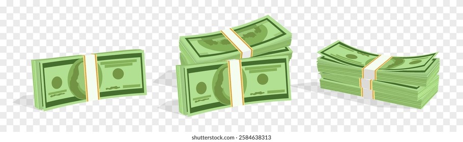 Vector 3d dollars, paper bills isolated on png. Bank cash vector set. Green dollar bill packs, stacks. Vector economy and banking, earnings and wage. Deposit and investment. Transparent background