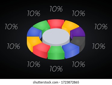 Vector 3d donut  chart infographic. Business progress infographics concept with 10 options, parts, steps, processes. Layered performance graph presentation. Circle diagram.