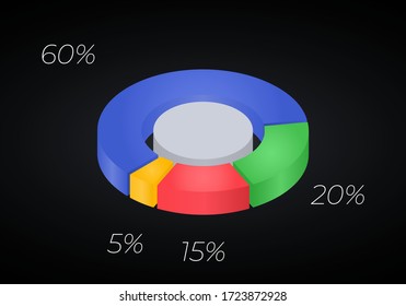 Vector 3d donut  chart infographic. Business progress infographics concept with 4 options, parts, steps, processes. Layered performance graph presentation. Circle diagram.