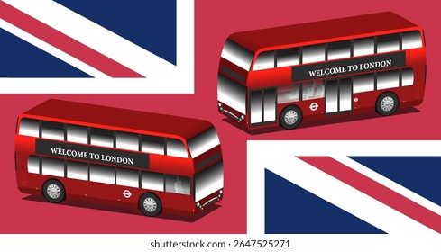 Vetor 3d de dois andares vermelho ônibus de passageiros da cidade inglesa. Transporte urbano de nevoeiro Albion. Bem-vindo a Londres. Tráfego urbano na Inglaterra. Duas projeções. Reino Unido