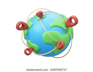 Vector 3d Earth globe with pin connectors icon. Worldwide delivery concept. Business global expansion illustration, isolated on white background. Export or international shipping idea