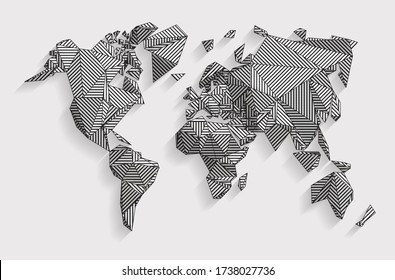 Vector 3D earth map concept. Three-dimensional low poly map with line- art. Earth geography created by lines.