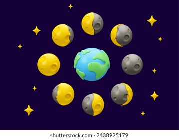 Conjunto de iconos de las fases de la Tierra y la Luna del vector 3d. Elementos de diseño del calendario lunar en el cielo nocturno con estrellas aisladas. Colección de emojis lindo planeta de dibujos animados, juguetes educativos para niños