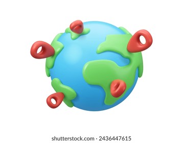 Vector 3d Earth with pins icon. Planet and location map labels. Business expansion or travel destinations concept, isolated on white background. Worldwide delivery illustration