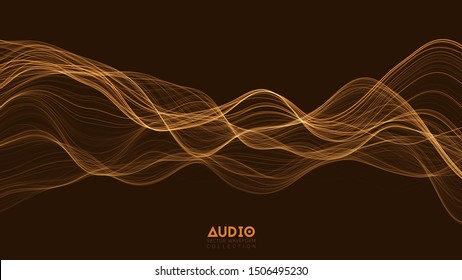 Vector 3d echo audio wave from a spectrum. Abstract music waves oscillation graph. Futuristic sound wave visualization. Orange glowing impulse pattern. Synthetic music technology sample.