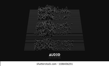 Vector 3d echo audio wavefrom spectrum. Abstract music waves oscillation graph. Futuristic sound wave visualization. Black and white line impulse pattern. Synthetic music technology sample