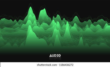 Vector 3d echo audio wavefrom spectrum. Abstract music waves oscillation graph. Futuristic sound wave visualization. Green glowing impulse pattern. Synthetic music technology sample