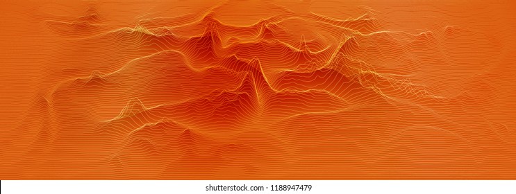 Vector 3d Echo Audio Wavefrom Spectrum. Music Waves Oscillation Graph Futuristic Visualization. Orange Line Impulse Pattern. Or Abstract Relief Map. Landscape Elevation Concept