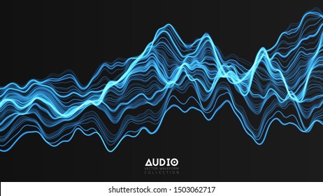 Vector 3d Echo Audio Wavefrom Spectrum. Abstract Music Waves Oscillation Graph. Futuristic Sound Wave Visualization. Blue Glowing Impulse Pattern. Synthetic Music Technology Sample.