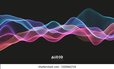 Vector 3d Echo Audio Wavefrom Spectrum. Abstract Music Waves Oscillation Graph. Futuristic Sound Wave Visualization. Colorful Glowing Impulse Pattern. Synthetic Music Technology Sample.