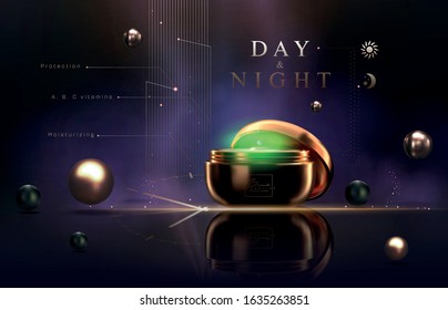 Vector 3D elegant cosmetic luxury product background premium cream jar for skin care products. Luxury facial cream. Cosmetic ads flyer or banner design. Cosmetic cream template. Makeup products brand.