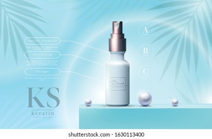 Vector 3D elegant cosmetic products background premium oil spray for skin care products. Luxury facial cream. Cosmetic ads flyer or banner design. Blue cosmetic cream template. Makeup products brand