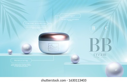 Vector 3D elegant cosmetic products background premium cream jar for skin care products. Luxury facial cream. Cosmetic ads flyer or banner design. Blue cosmetic cream template. Makeup products brand