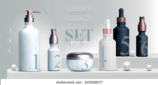 Vector 3D elegant cosmetic products background premium cream jar for skin care products. Luxury facial cream. Cosmetic ads flyer or banner design. Blue cosmetic cream template. Makeup products brand
