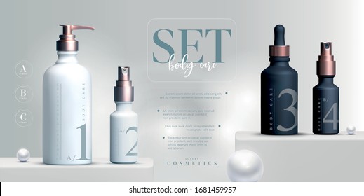 Los elegantes productos cosméticos Vector 3D ponen en su interior un embalaje de crema premium para el cuidado de la piel. Crema facial de lujo. Diseño de pancartas o volantes de anuncios estéticos. Plantilla de crema estética. Marca de productos de maquillaje