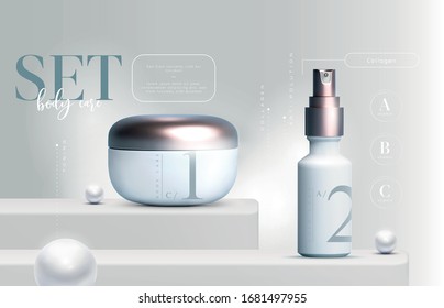 Vector 3D elegant cosmetic products set background premium cream jar packaging for skin care. Luxury facial cream. Cosmetic ads flyer or banner design. Cosmetic cream template. Makeup products brand