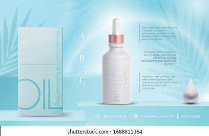 Vector 3D elegant cosmetic products background premium dropper for skin care products. Luxury fashion oil. Cosmetic ads flyer or banner design. Blue cosmetic cream template. Makeup products brand.