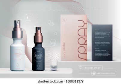 Vector 3D elegant cosmetic products background premium oil spray for skin care products. Luxury facial cream. Cosmetic ads flyer or banner design. Blue cosmetic cream template. Makeup products brand