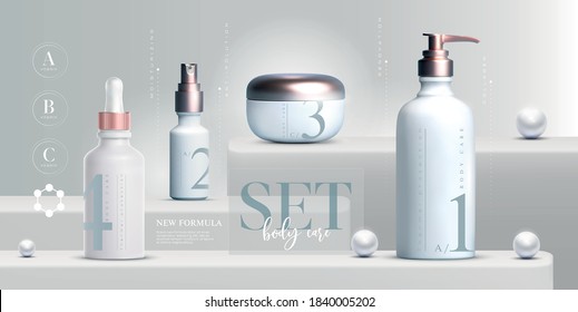 Vector 3D elegant cosmetic products background premium cream jar for skin care products. Luxury facial cream. Cosmetic ads flyer or banner design. Blue cosmetic cream template. Makeup products brand