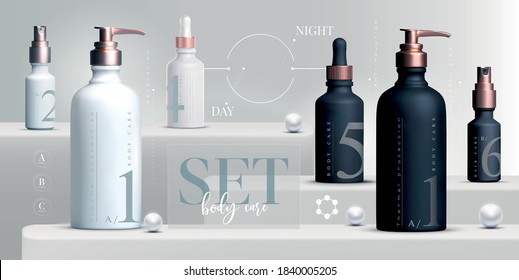 Vector 3D elegant cosmetic products background premium cream jar for skin care products. Luxury facial cream. Cosmetic ads flyer or banner design. Blue cosmetic cream template. Makeup products brand