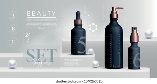 Vector 3D elegant cosmetic products background premium cream jar for skin care products. Luxury facial cream. Cosmetic ads flyer or banner design. Blue cosmetic cream template. Makeup products brand