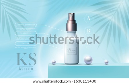 Vector 3D elegant cosmetic products background premium oil spray for skin care products. Luxury facial cream. Cosmetic ads flyer or banner design. Blue cosmetic cream template. Makeup products brand