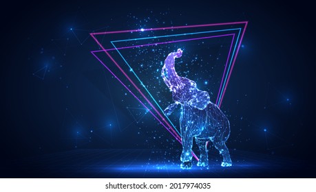 vector 3d elephant from triangular polygons on a blue background