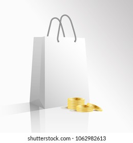 Vector 3D empty realistic white paper package or bag for shopping or gifts and stack of golden bitcoins on light gray white background. Shopping with crypto currency