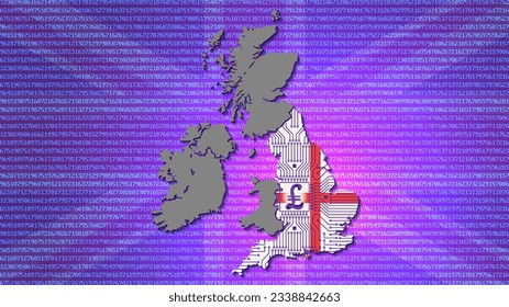 Digitales Pfund-Symbol für Vector 3D England. Karte des Vereinigten Königreichs in den Farben der Nationalflagge und mit einem Computerprogramm. Vor dem Hintergrund von Pixelzahlen.