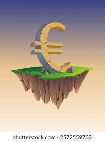 Vector 3d euro currency symbol on floating island