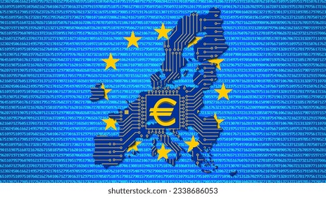 Vector 3D European digital euro symbol. Map of the European Union in the colors of the national flag and with a computer scheme. Against the background of pixel numbers.