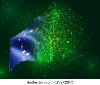 vector 3d European Union  flag on green background with polygons and data numbers