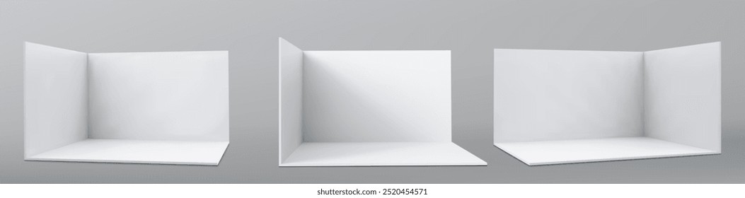 Vector 3D exhibition booth. Showroom. Square corner. Empty geometric square. Blank box template. White blank exhibition stand. Presentation event room.