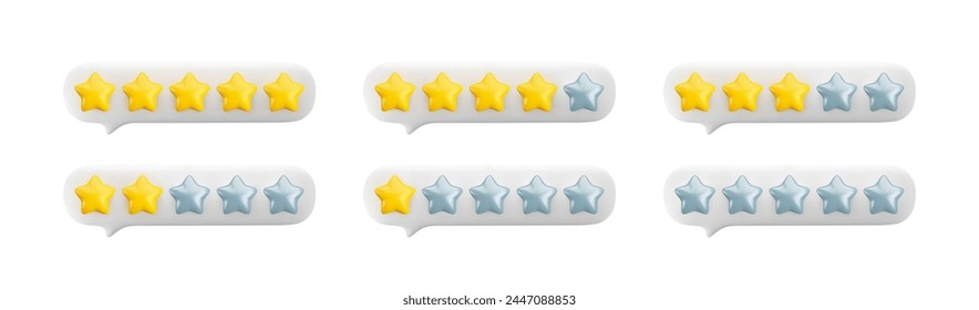 Vector 3d feedback bubbles set. Star rating system from 0 to 5 stars. Customer review gold and silver stars. One, two, three, four and five stars icons set.
