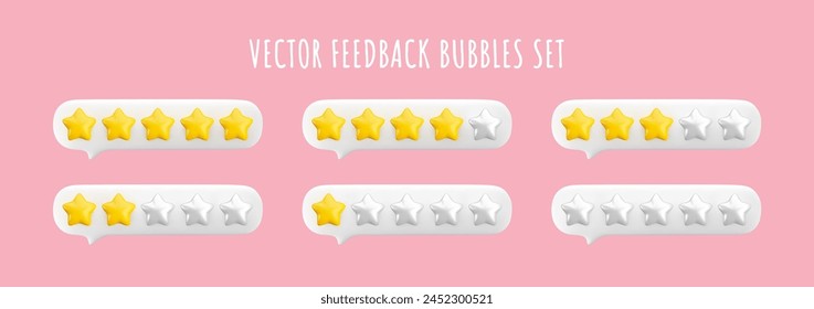 Vector 3d feedback bubbles set. Star rating system from worst to best level. Customer review gold and white stars from zero to five. Glossy 3d render stars in message bubble icons set.