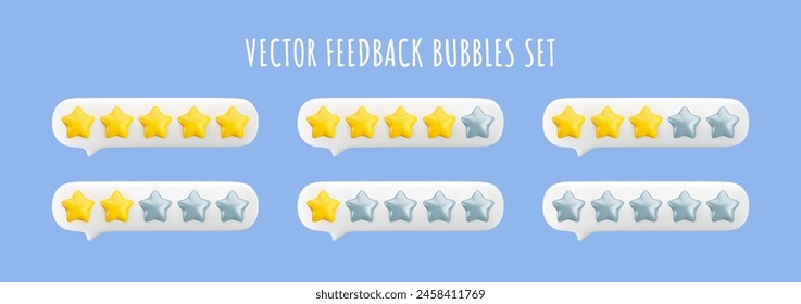 Conjunto de burbujas de Comentarios 3d de Vector. Sistema de clasificación de estrellas de peor a mejor nivel. Cliente reseña estrellas de oro y plata de 0 a 5. Una, dos, tres, cuatro y cinco estrellas en el conjunto de iconos de burbujas de mensajes.