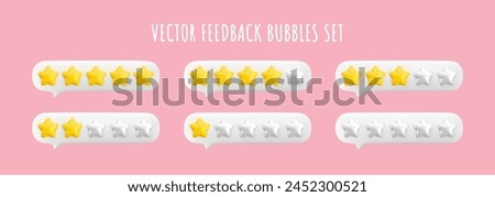 Vector 3d feedback bubbles set. Star rating system from worst to best level. Customer review gold and white stars from zero to five. Glossy 3d render stars in message bubble icons set.