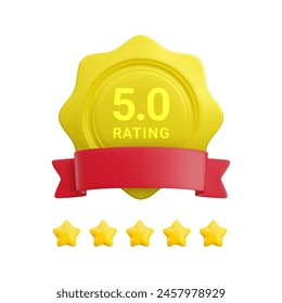 Vector 3d feedback rating concept. Cartoon 3d wavy badge icon with five star rating, red ribbon and 5 gold stars. Customer satisfaction level icon for web, game, app