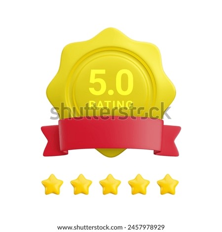 Vector 3d feedback rating concept. Cartoon 3d wavy badge icon with five star rating, red ribbon and 5 gold stars. Customer satisfaction level icon for web, game, app