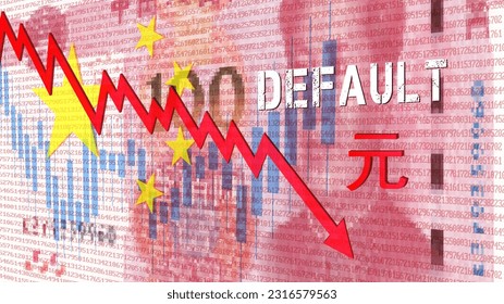 Vector 3D financial banner of China. Graph red down arrow on the background of the 100 yuan pixelated mosaic banknotes. Crisis in the economy, default.