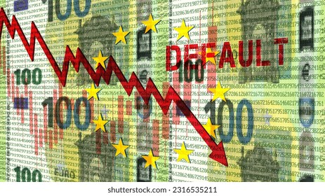 Vector 3D financial banner of EU. Graph red down arrow on the background of the 100 euro pixelated mosaic banknotes. Crisis in the economy, default.