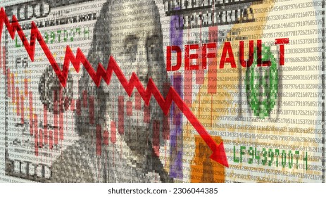 Banner financiero vectorial 3D. Flecha roja hacia abajo en el fondo del billete de 100 dólares pixelado en mosaico. Crisis en la economía, impago.