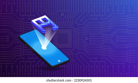 Vector 3d financial poster. A voluminous smartphone with a bright hologram hieroglyph of the digital Japanese yen on the background of a computer microcircuit