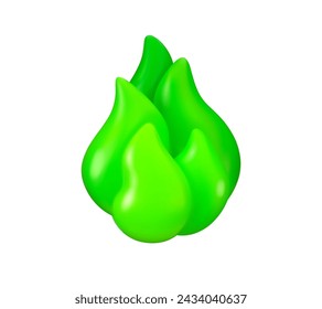 Vector 3d fire burning icon. Green flame isolated on a white background. Power or eco energy concept illustration, magic cartoon fire. Environment protection concept