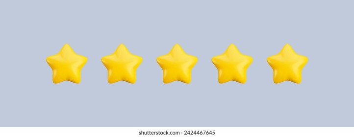 Vector 3d cinco estrellas icono de calificación. Caricatura 3d realista renderiza la calificación del cliente y el concepto de retroalimentación. Lindas estrellas amarillas brillantes sobre fondo gris para web, móvil, ui, juego, aplicación.